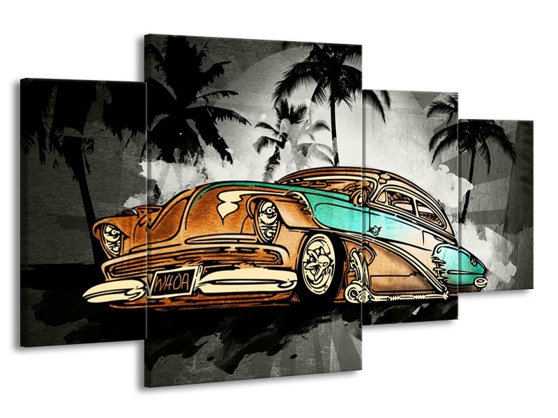 Canvas Schilderij Oldtimer, Auto | Zwart, Wit, Oranje | 160x90cm 4Luik