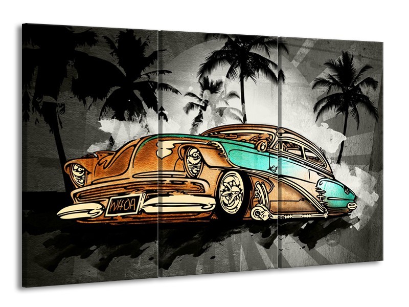 Glasschilderij Oldtimer, Auto | Zwart, Wit, Oranje | 165x100cm 3Luik