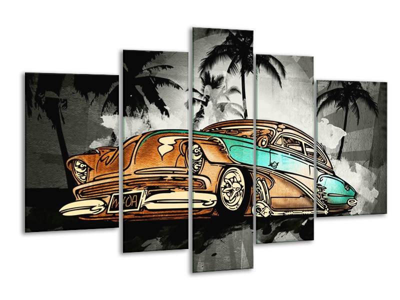 Canvas Schilderij Oldtimer, Auto | Zwart, Wit, Oranje | 170x100cm 5Luik