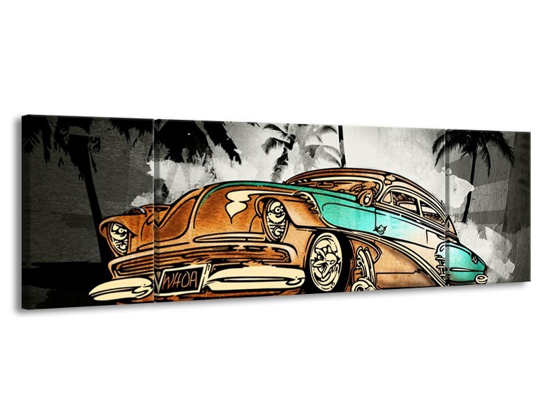 Glasschilderij Oldtimer, Auto | Zwart, Wit, Oranje | 170x50cm 3Luik