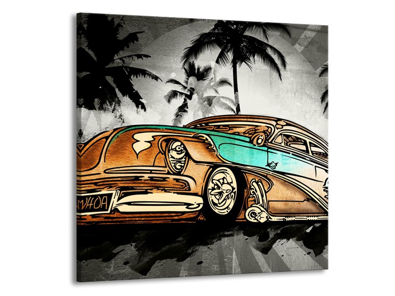 Glasschilderij Oldtimer, Auto | Zwart, Wit, Oranje | 50x50cm 1Luik