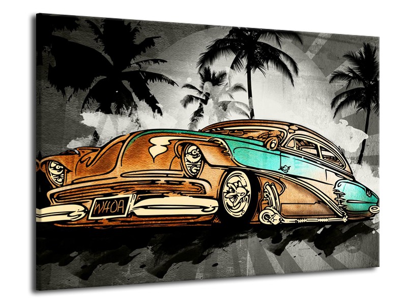 Canvas Schilderij Oldtimer, Auto | Zwart, Wit, Oranje | 70x50cm 1Luik