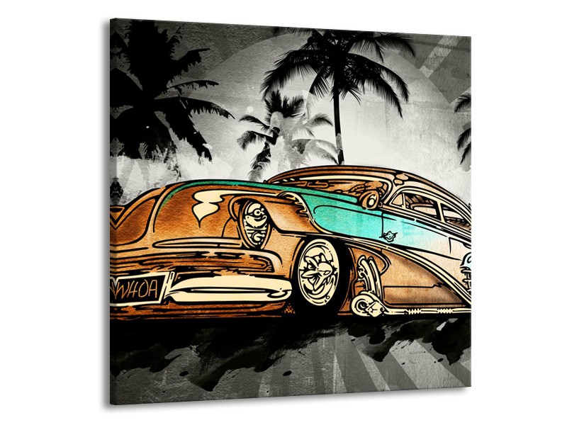 Glasschilderij Oldtimer, Auto | Zwart, Wit, Oranje | 70x70cm 1Luik