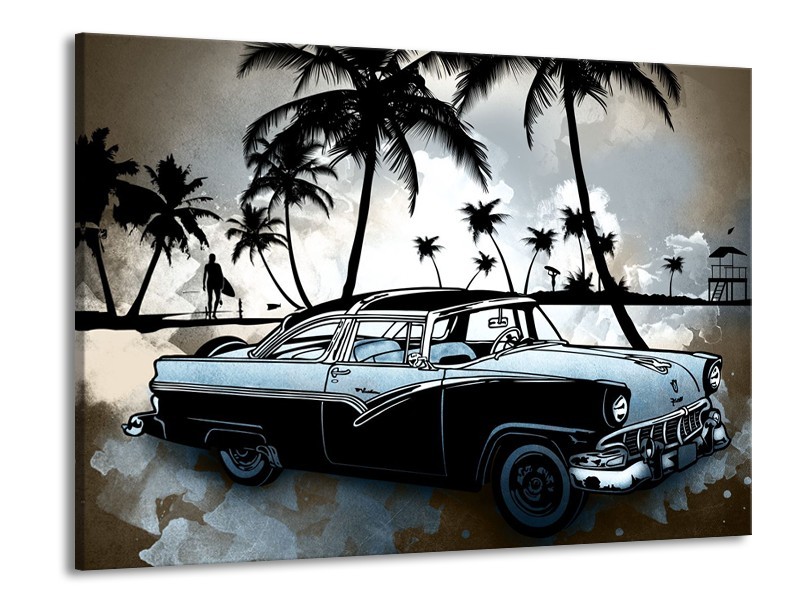 Glasschilderij Oldtimer, Auto | Zwart, Wit, Blauw | 100x70cm 1Luik