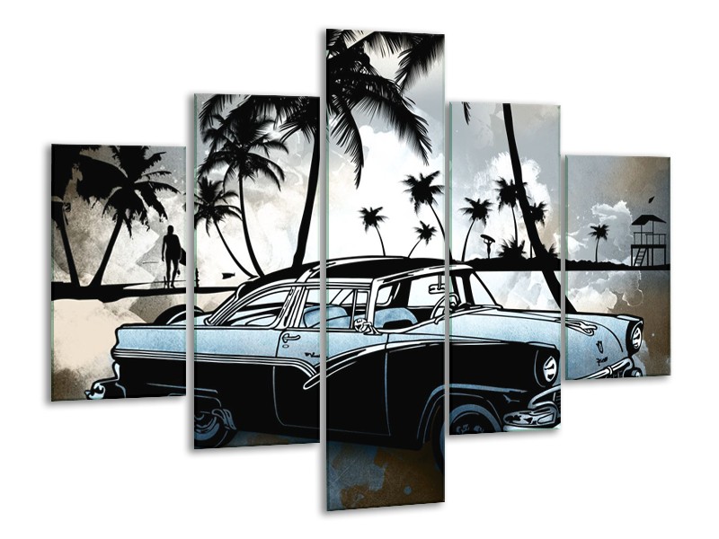 Glasschilderij Oldtimer, Auto | Zwart, Wit, Blauw | 100x70cm 5Luik