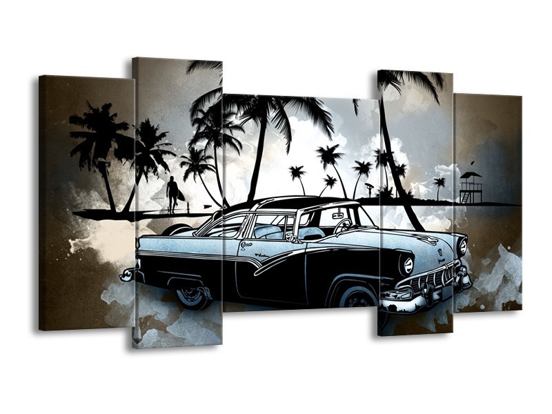 Canvas Schilderij Oldtimer, Auto | Zwart, Wit, Blauw | 120x65cm 5Luik