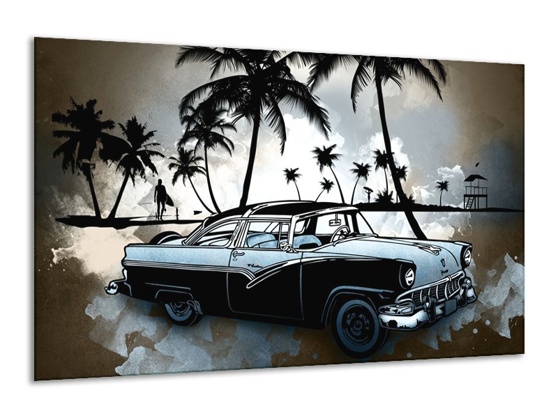 Glasschilderij Oldtimer, Auto | Zwart, Wit, Blauw | 120x70cm 1Luik