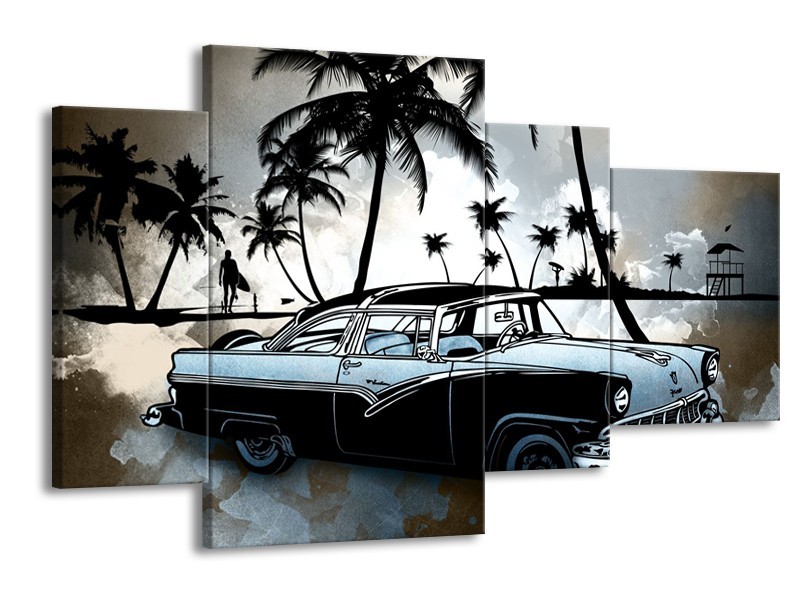 Canvas Schilderij Oldtimer, Auto | Zwart, Wit, Blauw | 120x75cm 4Luik