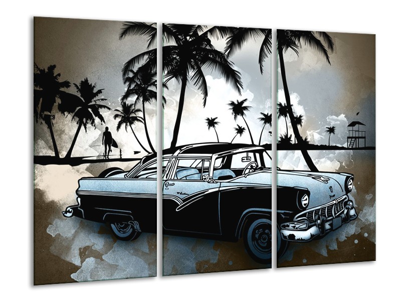 Canvas Schilderij Oldtimer, Auto | Zwart, Wit, Blauw | 120x80cm 3Luik