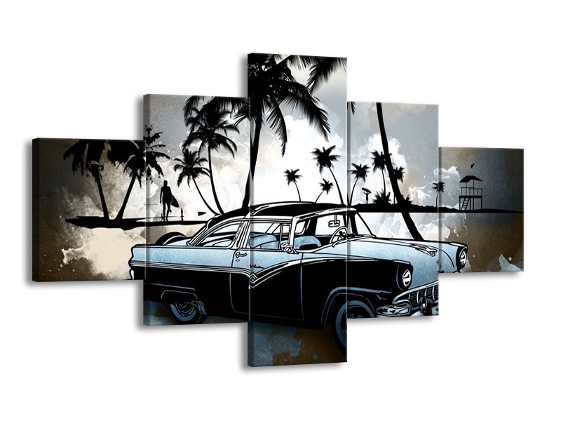 Canvas Schilderij Oldtimer, Auto | Zwart, Wit, Blauw | 125x70cm 5Luik