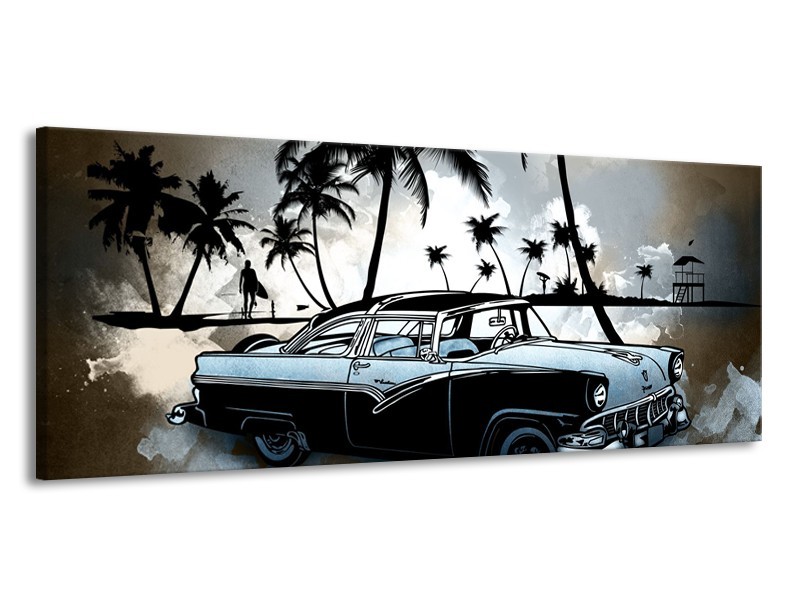 Canvas Schilderij Oldtimer, Auto | Zwart, Wit, Blauw | 145x58cm 1Luik