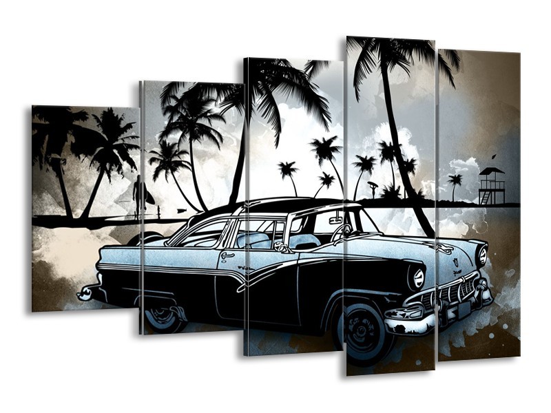 Canvas Schilderij Oldtimer, Auto | Zwart, Wit, Blauw | 150x100cm 5Luik