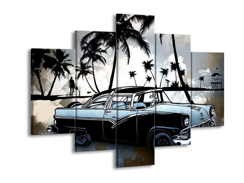 Canvas Schilderij Oldtimer, Auto | Zwart, Wit, Blauw | 150x105cm 5Luik