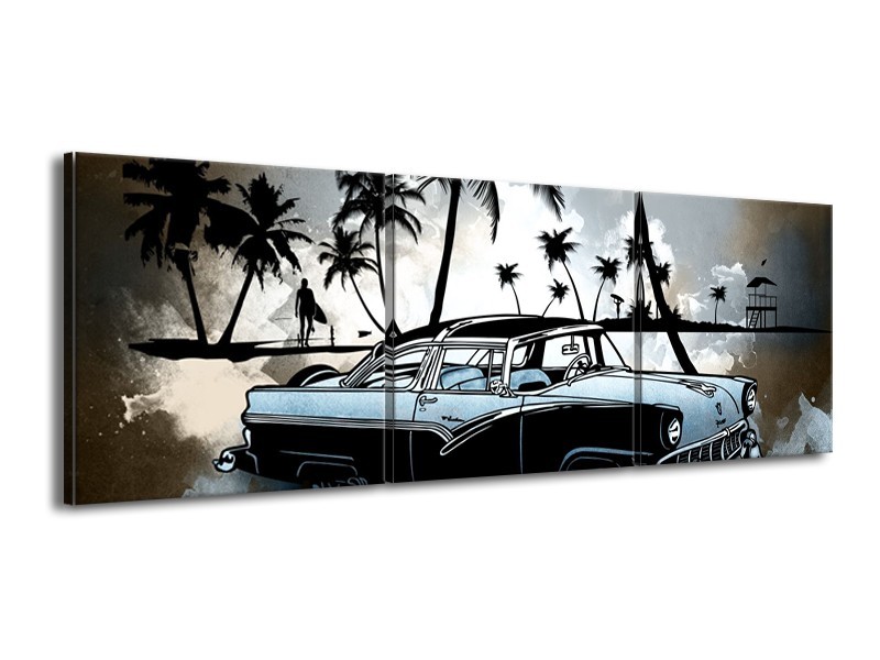 Glasschilderij Oldtimer, Auto | Zwart, Wit, Blauw | 150x50cm 3Luik