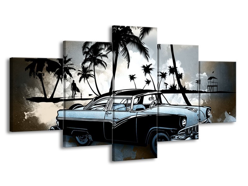 Canvas Schilderij Oldtimer, Auto | Zwart, Wit, Blauw | 150x80cm 5Luik