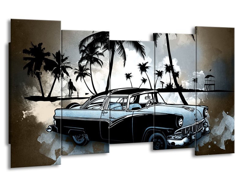 Glasschilderij Oldtimer, Auto | Zwart, Wit, Blauw | 150x80cm 5Luik