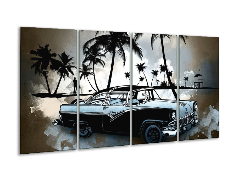 Glasschilderij Oldtimer, Auto | Zwart, Wit, Blauw | 160x80cm 4Luik