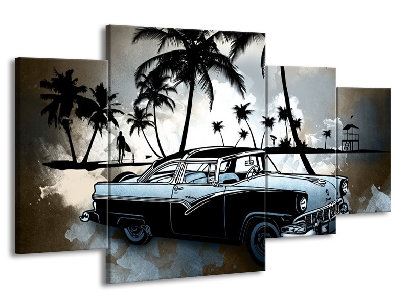 Canvas Schilderij Oldtimer, Auto | Zwart, Wit, Blauw | 160x90cm 4Luik