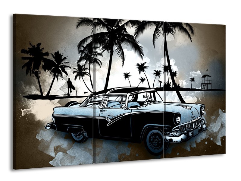 Glasschilderij Oldtimer, Auto | Zwart, Wit, Blauw | 165x100cm 3Luik