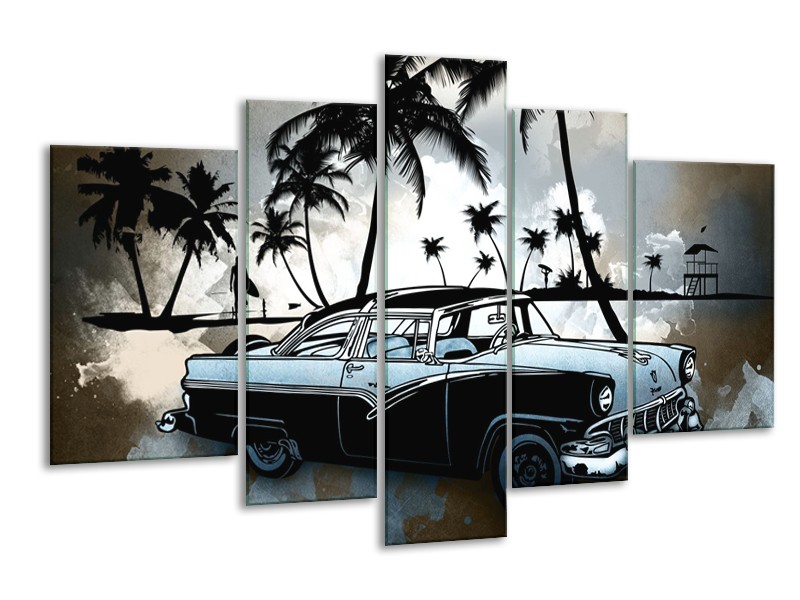 Canvas Schilderij Oldtimer, Auto | Zwart, Wit, Blauw | 170x100cm 5Luik