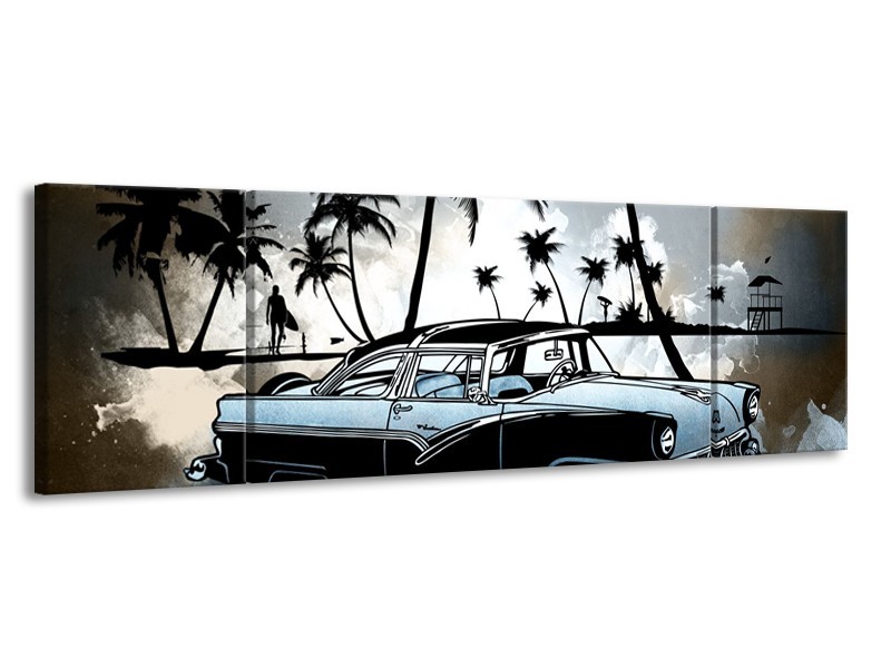 Canvas Schilderij Oldtimer, Auto | Zwart, Wit, Blauw | 170x50cm 3Luik