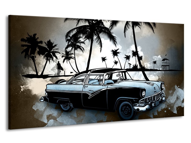 Canvas Schilderij Oldtimer, Auto | Zwart, Wit, Blauw | 190x100cm 1Luik