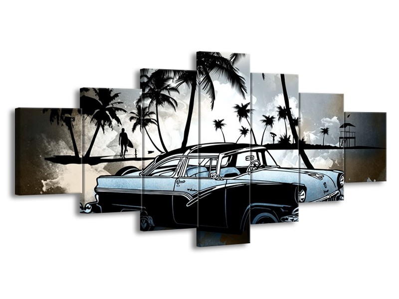 Glasschilderij Oldtimer, Auto | Zwart, Wit, Blauw | 210x100cm 7Luik