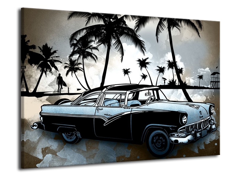 Glasschilderij Oldtimer, Auto | Zwart, Wit, Blauw | 70x50cm 1Luik