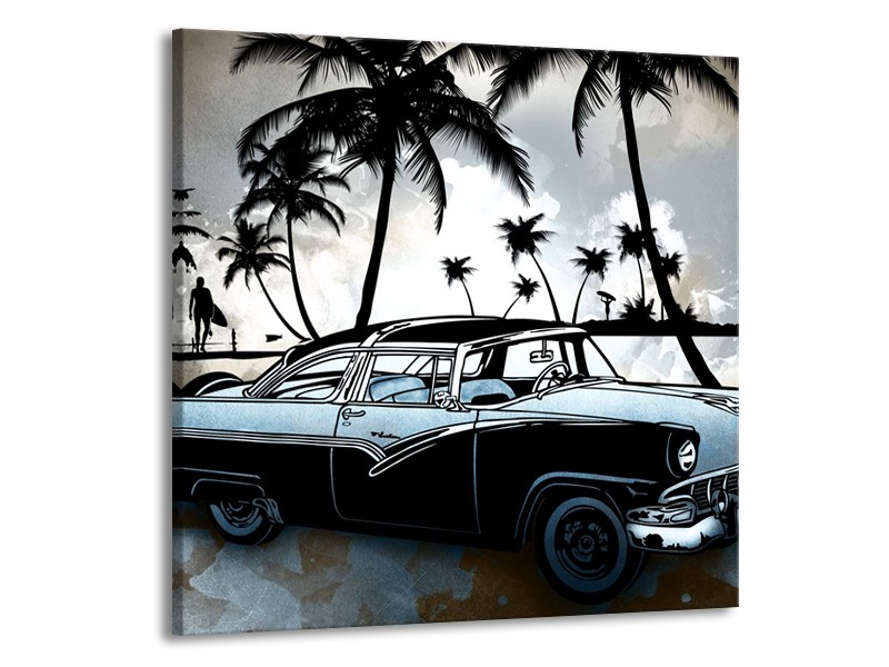 Glasschilderij Oldtimer, Auto | Zwart, Wit, Blauw | 70x70cm 1Luik