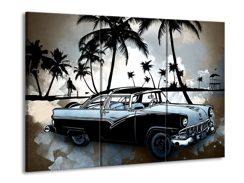 Canvas Schilderij Oldtimer, Auto | Zwart, Wit, Blauw | 60x90cm 3Luik