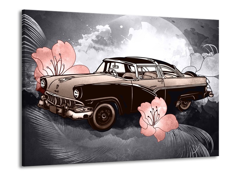 Canvas Schilderij Oldtimer, Auto | Grijs, Bruin, Roze | 100x70cm 1Luik
