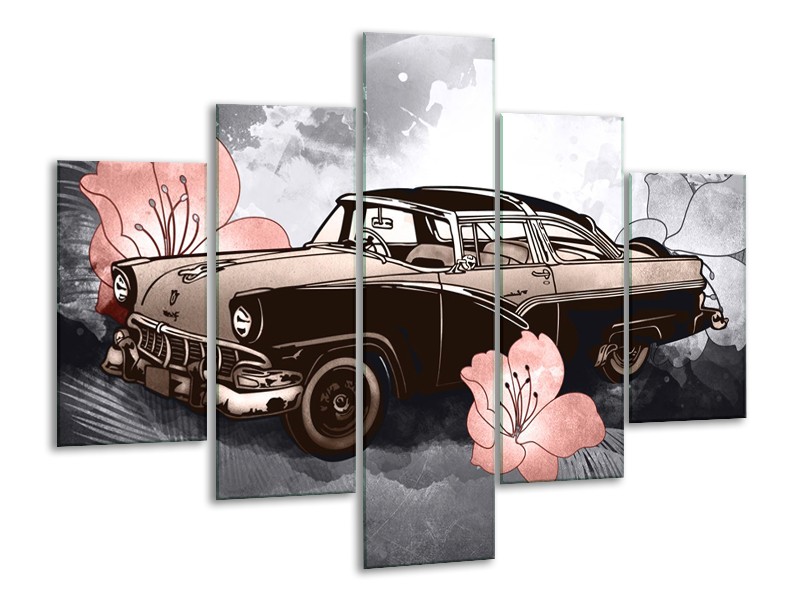 Glasschilderij Oldtimer, Auto | Grijs, Bruin, Roze | 100x70cm 5Luik