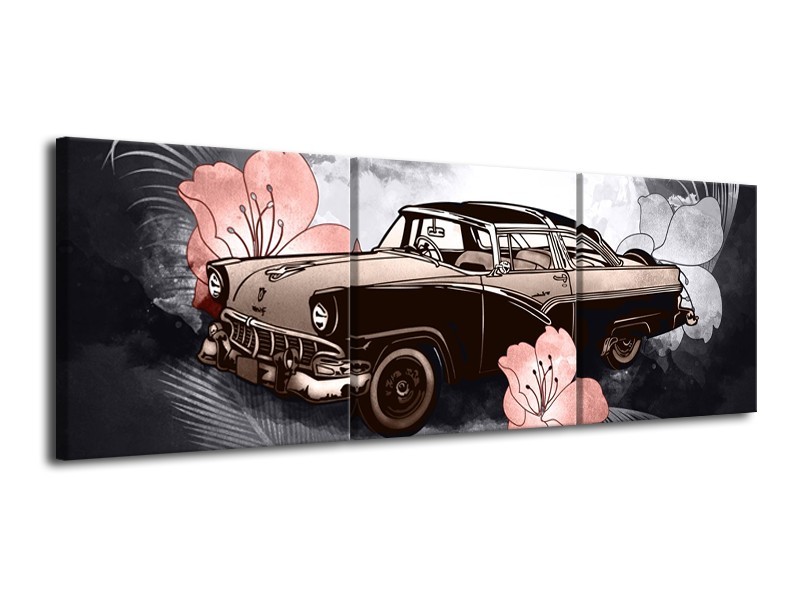 Canvas Schilderij Oldtimer, Auto | Grijs, Bruin, Roze | 120x40cm 3Luik