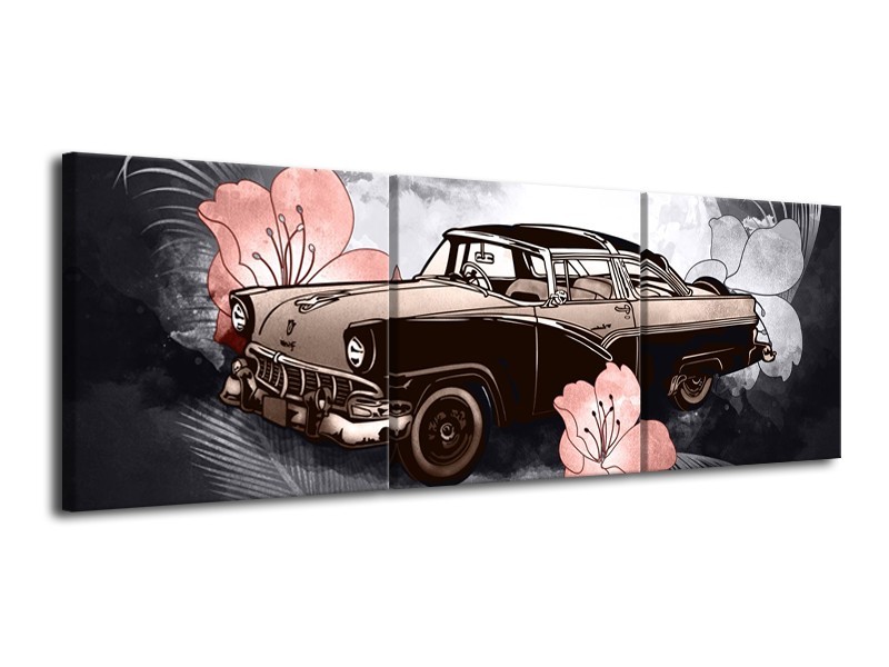 Glasschilderij Oldtimer, Auto | Grijs, Bruin, Roze | 120x40cm 3Luik