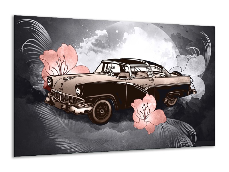 Glasschilderij Oldtimer, Auto | Grijs, Bruin, Roze | 120x70cm 1Luik