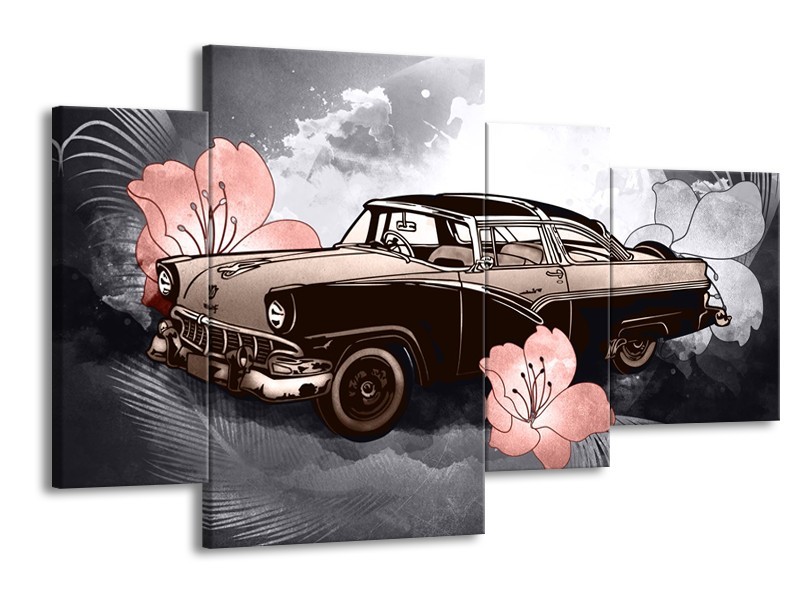 Glasschilderij Oldtimer, Auto | Grijs, Bruin, Roze | 120x75cm 4Luik