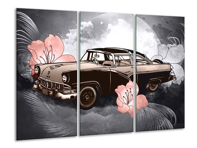 Canvas Schilderij Oldtimer, Auto | Grijs, Bruin, Roze | 120x80cm 3Luik