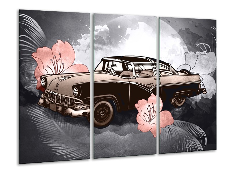 Glasschilderij Oldtimer, Auto | Grijs, Bruin, Roze | 120x80cm 3Luik