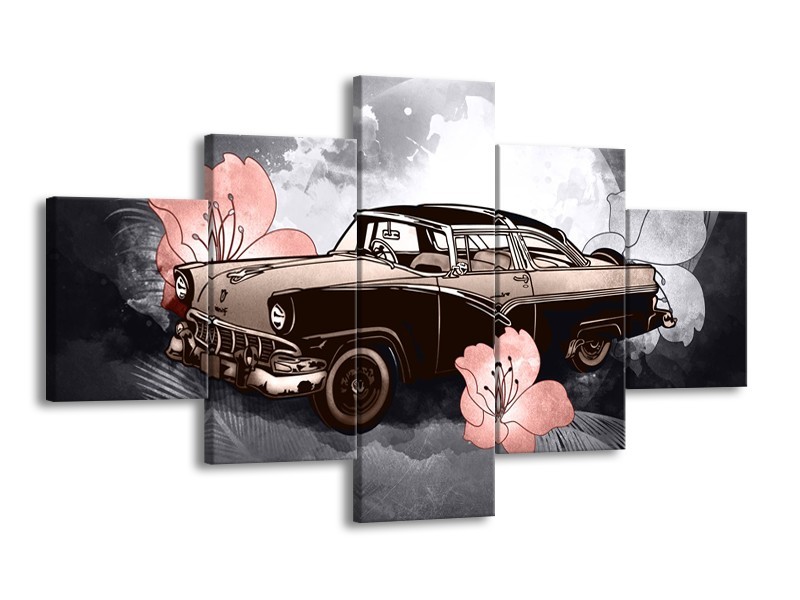 Glasschilderij Oldtimer, Auto | Grijs, Bruin, Roze | 125x70cm 5Luik