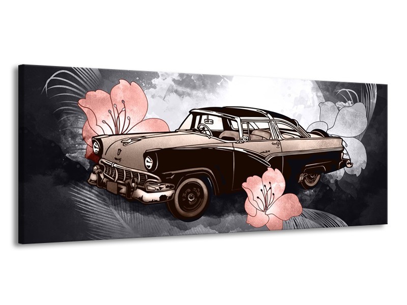 Glasschilderij Oldtimer, Auto | Grijs, Bruin, Roze | 145x58cm 1Luik