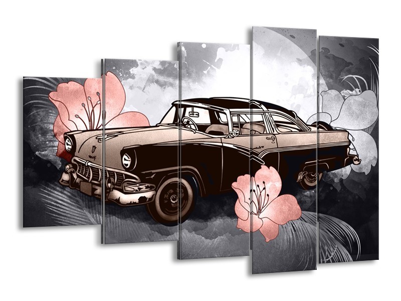 Canvas Schilderij Oldtimer, Auto | Grijs, Bruin, Roze | 150x100cm 5Luik