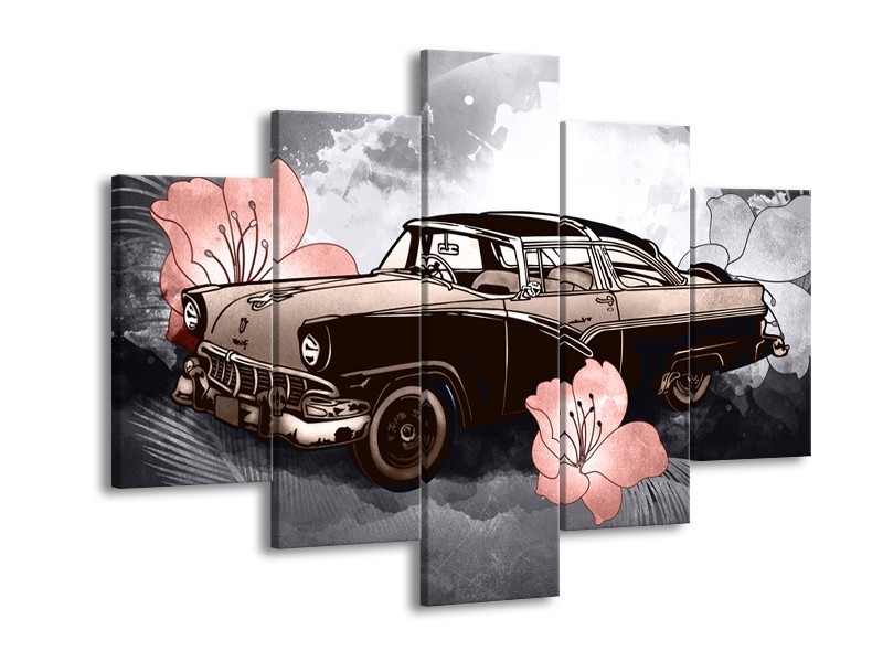 Glasschilderij Oldtimer, Auto | Grijs, Bruin, Roze | 150x105cm 5Luik