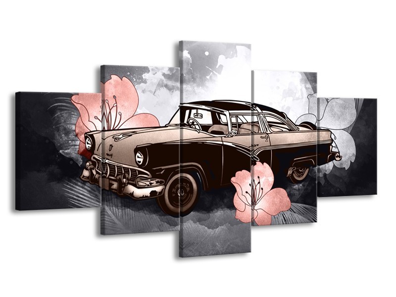 Canvas Schilderij Oldtimer, Auto | Grijs, Bruin, Roze | 150x80cm 5Luik