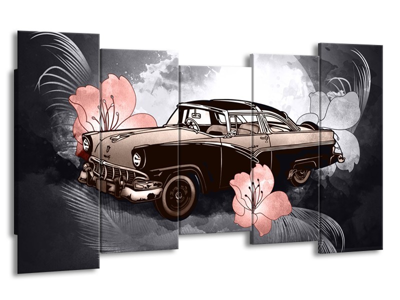 Canvas Schilderij Oldtimer, Auto | Grijs, Bruin, Roze | 150x80cm 5Luik