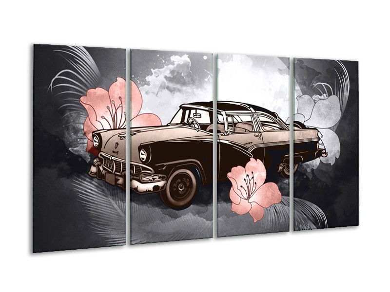 Glasschilderij Oldtimer, Auto | Grijs, Bruin, Roze | 160x80cm 4Luik