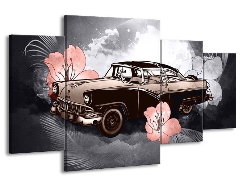 Canvas Schilderij Oldtimer, Auto | Grijs, Bruin, Roze | 160x90cm 4Luik