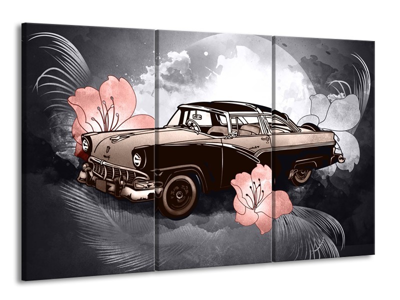 Canvas Schilderij Oldtimer, Auto | Grijs, Bruin, Roze | 165x100cm 3Luik