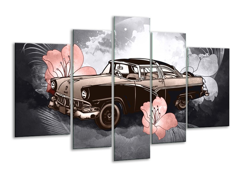 Glasschilderij Oldtimer, Auto | Grijs, Bruin, Roze | 170x100cm 5Luik