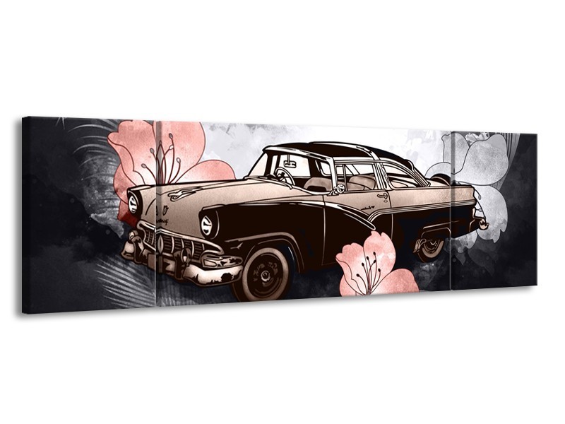 Glasschilderij Oldtimer, Auto | Grijs, Bruin, Roze | 170x50cm 3Luik