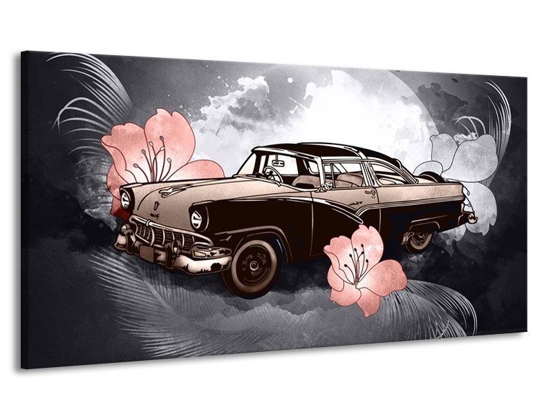 Canvas Schilderij Oldtimer, Auto | Grijs, Bruin, Roze | 170x90cm 1Luik